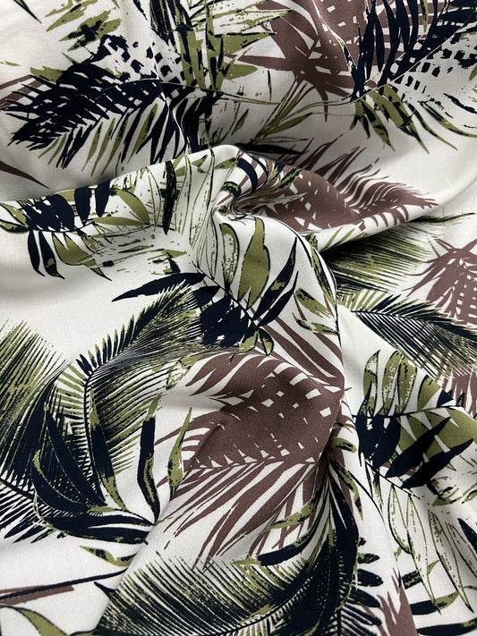 Viscose - Cream and Green Tropical Leaves