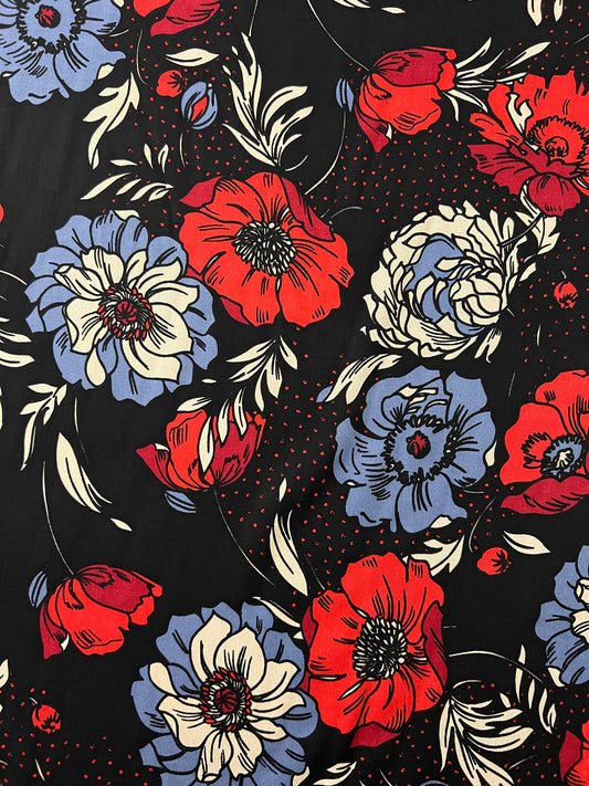 Three Floral Black Fabrics | Twill Red Floral | Walthamstow Fabrics